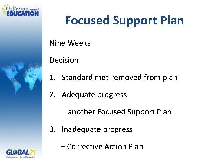 Focused Support Plan Nine Weeks Decision 1. Standard met-removed from plan 2. Adequate progress