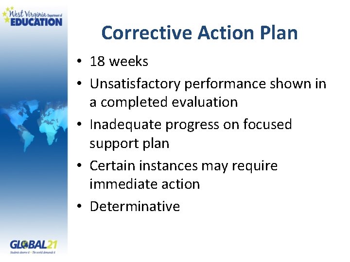 Corrective Action Plan • 18 weeks • Unsatisfactory performance shown in a completed evaluation