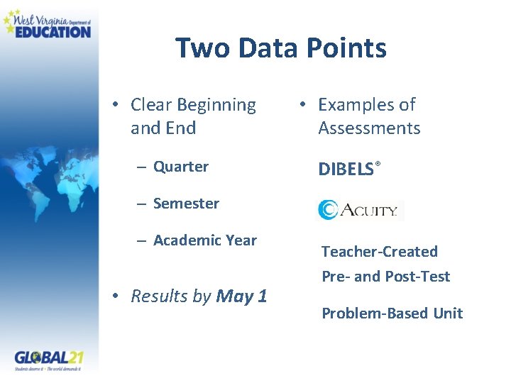 Two Data Points • Clear Beginning and End – Quarter • Examples of Assessments