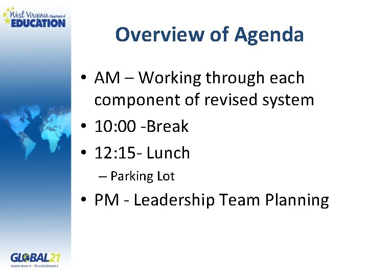 Overview of Agenda • AM – Working through each component of revised system •