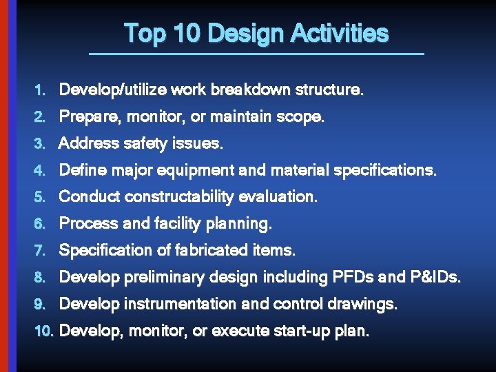 Top 10 Design Activities 1. Develop/utilize work breakdown structure. 2. Prepare, monitor, or maintain
