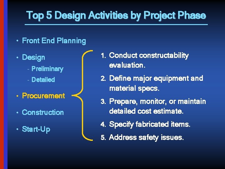 Top 5 Design Activities by Project Phase • Front End Planning • Design –