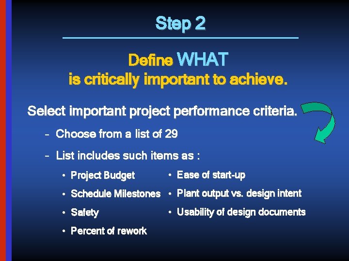Step 2 Define WHAT is critically important to achieve. Select important project performance criteria.