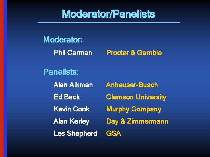 Moderator/Panelists Moderator: Phil Carman Procter & Gamble Panelists: Alan Aikman Anheuser-Busch Ed Back Clemson