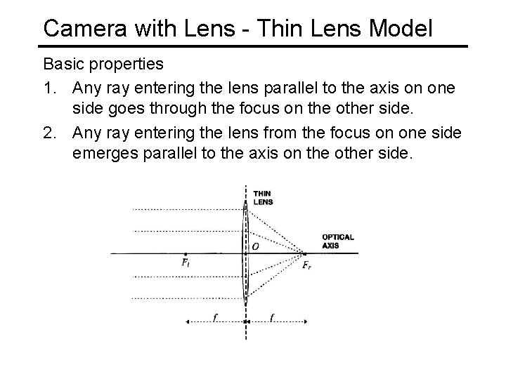 Camera with Lens - Thin Lens Model Basic properties 1. Any ray entering the