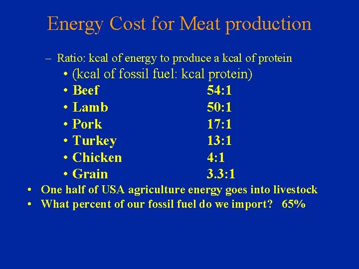 Energy Cost for Meat production – Ratio: kcal of energy to produce a kcal