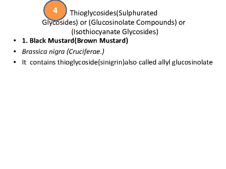 4 Thioglycosides(Sulphurated Glycosides) or (Glucosinolate Compounds) or (Isothiocyanate Glycosides) • 1. Black Mustard(Brown Mustard) 4 Thioglycosides(Sulphurated Glycosides) or (Glucosinolate Compounds) or (Isothiocyanate Glycosides) • 1. Black Mustard(Brown Mustard)