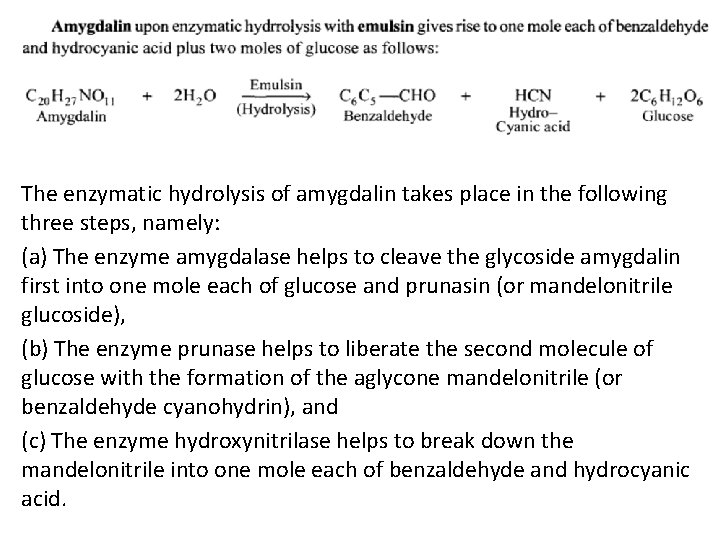 The enzymatic hydrolysis of amygdalin takes place in the following three steps, namely: (a) The enzymatic hydrolysis of amygdalin takes place in the following three steps, namely: (a)