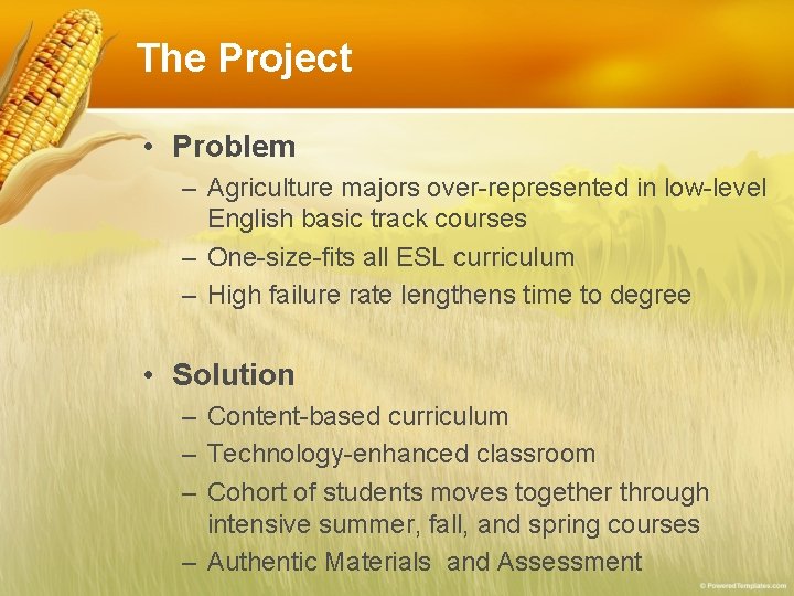 The Project • Problem – Agriculture majors over-represented in low-level English basic track courses The Project • Problem – Agriculture majors over-represented in low-level English basic track courses