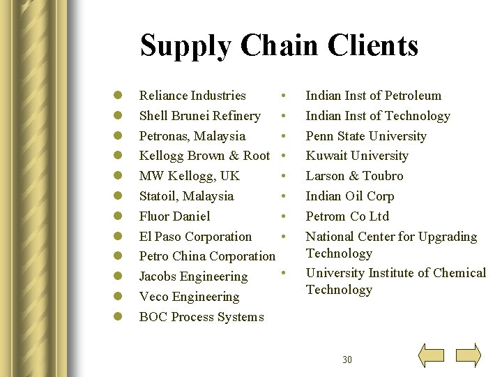 Supply Chain Clients l l l Reliance Industries Shell Brunei Refinery Petronas, Malaysia Kellogg Supply Chain Clients l l l Reliance Industries Shell Brunei Refinery Petronas, Malaysia Kellogg