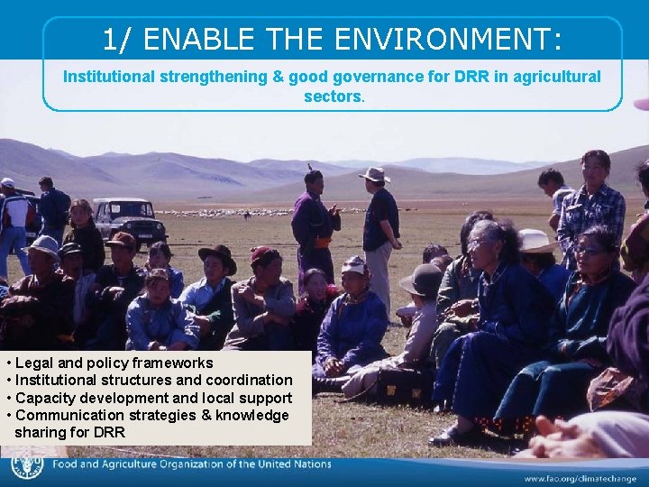 1/ ENABLE THE ENVIRONMENT: Institutional strengthening & good governance for DRR in agricultural sectors. 1/ ENABLE THE ENVIRONMENT: Institutional strengthening & good governance for DRR in agricultural sectors.