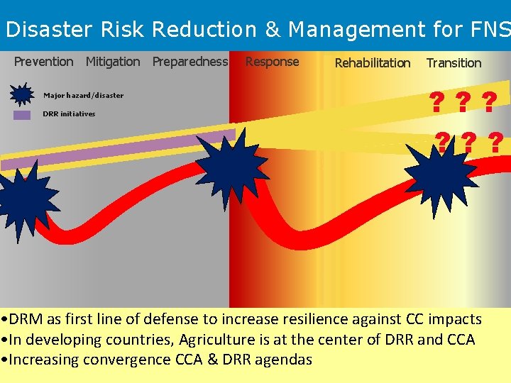 Disaster Risk Reduction & Management for FNS Prevention Mitigation Preparedness Major hazard/disaster DRR initiatives