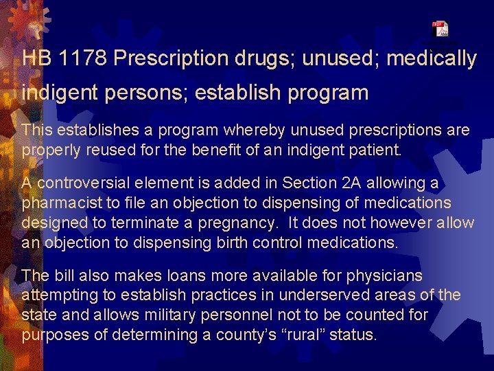 HB 1178 Prescription drugs; unused; medically indigent persons; establish program This establishes a program