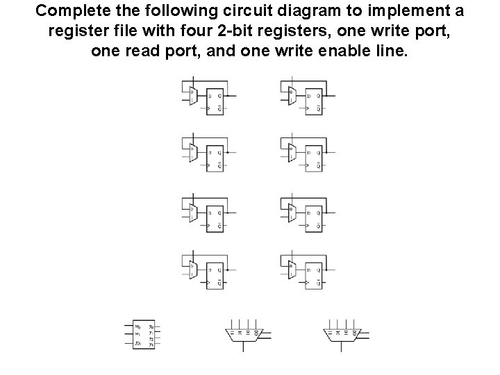 Complete the following circuit diagram to implement a register file with four 2 -bit