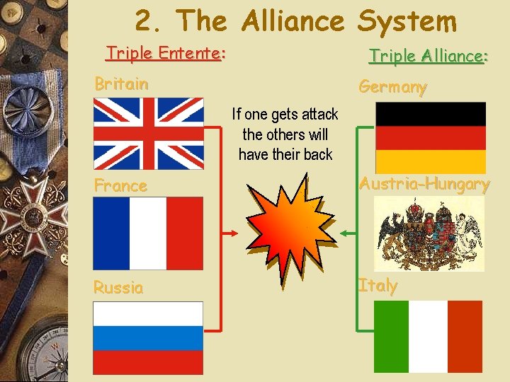 2. The Alliance System Triple Entente: Triple Alliance: Britain Germany If one gets attack 2. The Alliance System Triple Entente: Triple Alliance: Britain Germany If one gets attack
