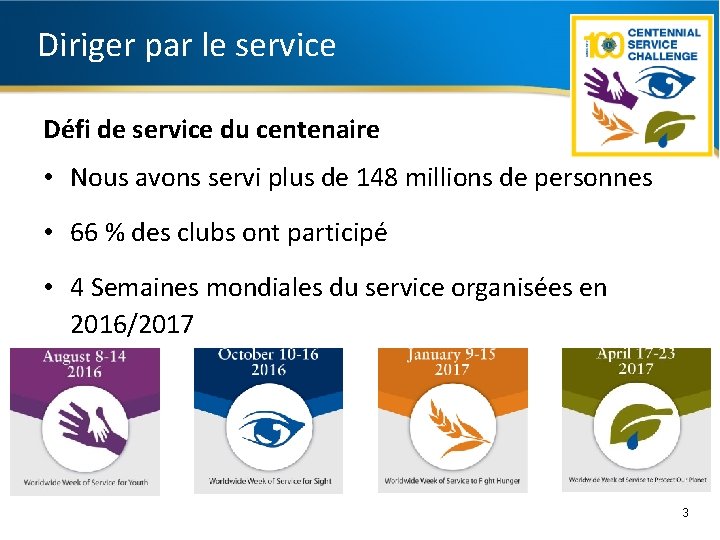 Diriger par le service Défi de service du centenaire • Nous avons servi plus