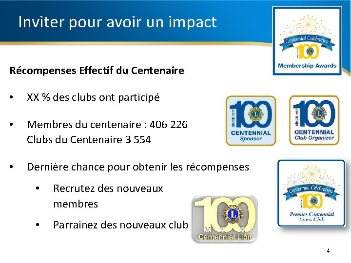 Inviter pour avoir un impact Récompenses Effectif du Centenaire • XX % des clubs