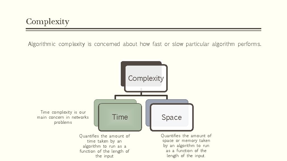 Complexity Algorithmic complexity is concerned about how fast or slow particular algorithm performs. Complexity