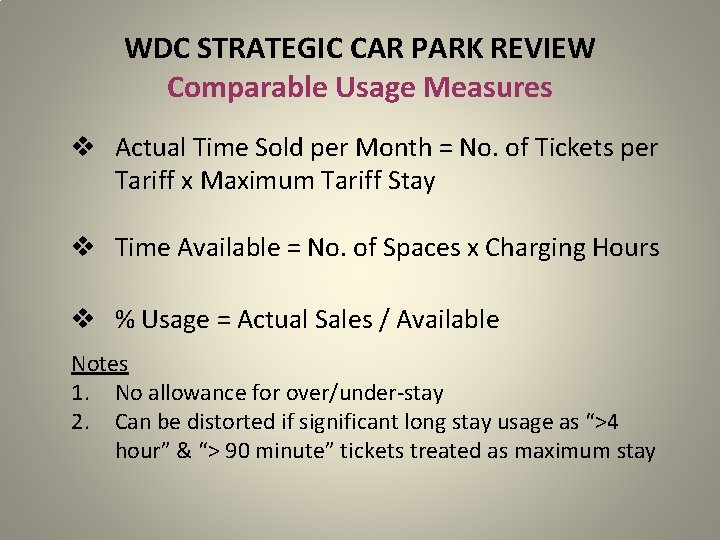 WDC STRATEGIC CAR PARK REVIEW Comparable Usage Measures v Actual Time Sold per Month