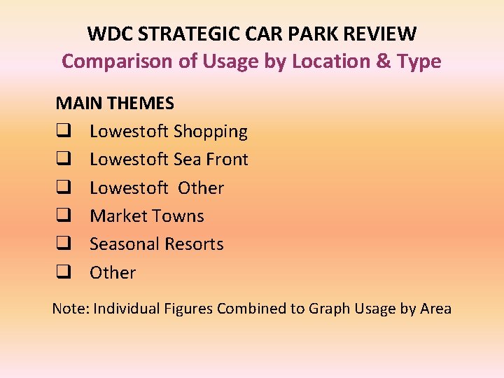 WDC STRATEGIC CAR PARK REVIEW Comparison of Usage by Location & Type MAIN THEMES