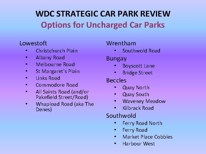 WDC STRATEGIC CAR PARK REVIEW Options for Uncharged Car Parks Lowestoft • • Christchurch