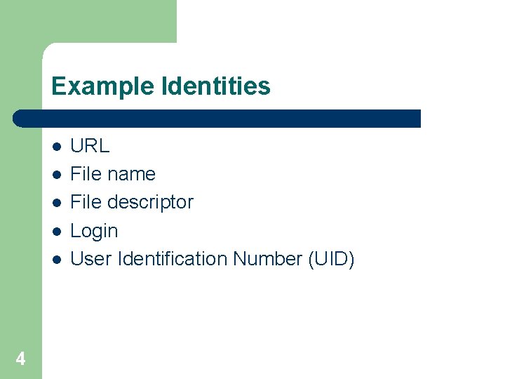 Example Identities l l l 4 URL File name File descriptor Login User Identification