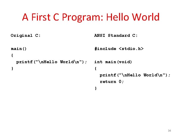 A First C Program: Hello World Original C: ANSI Standard C: main() { printf("n.