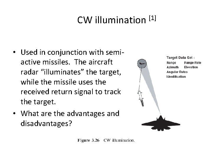 CW illumination [1] • Used in conjunction with semiactive missiles. The aircraft radar “illuminates”