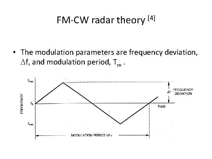 FM-CW radar theory [4] • The modulation parameters are frequency deviation, f, and modulation