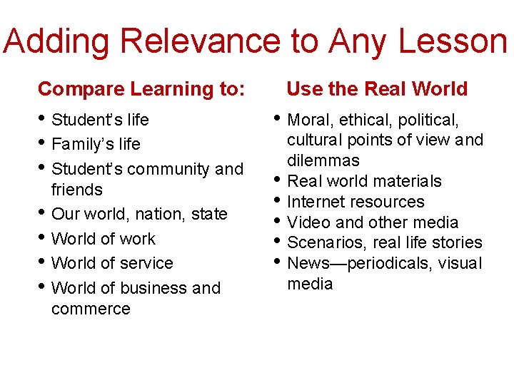 Adding Relevance to Any Lesson Compare Learning to: • Student’s life • Family’s life