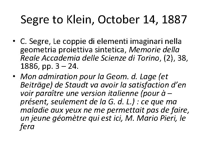 Segre to Klein, October 14, 1887 • C. Segre, Le coppie di elementi imaginari