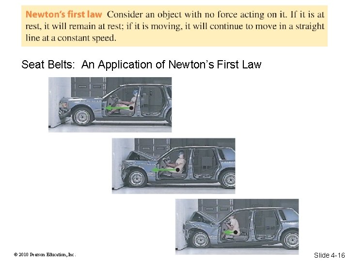 Seat Belts: An Application of Newton’s First Law © 2010 Pearson Education, Inc. Slide