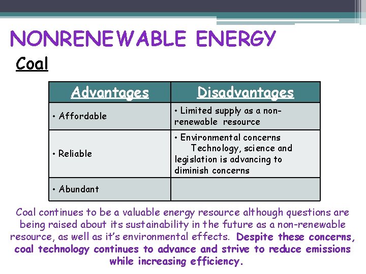 NONRENEWABLE ENERGY Coal Advantages Disadvantages • Affordable • Limited supply as a nonrenewable resource