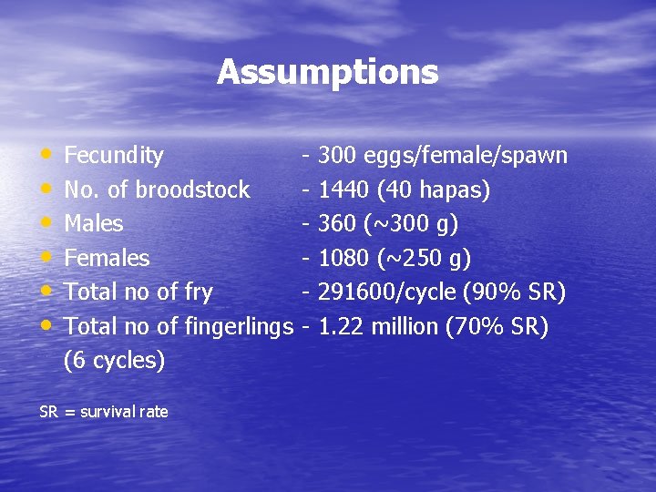 Assumptions • • • Fecundity No. of broodstock Males Females Total no of fry