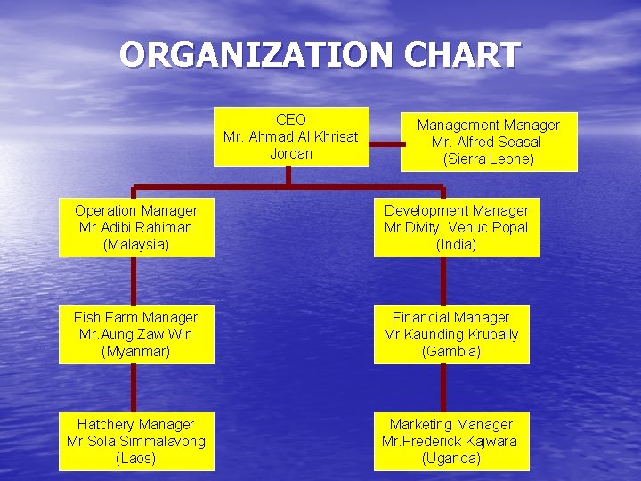 ORGANIZATION CHART CEO Mr. Ahmad Al Khrisat Jordan Management Manager Mr. Alfred Seasal (Sierra