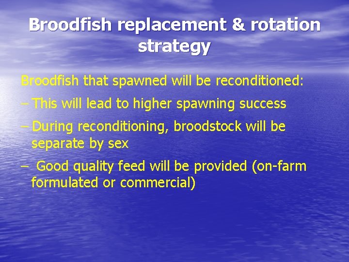 Broodfish replacement & rotation strategy Broodfish that spawned will be reconditioned: – This will