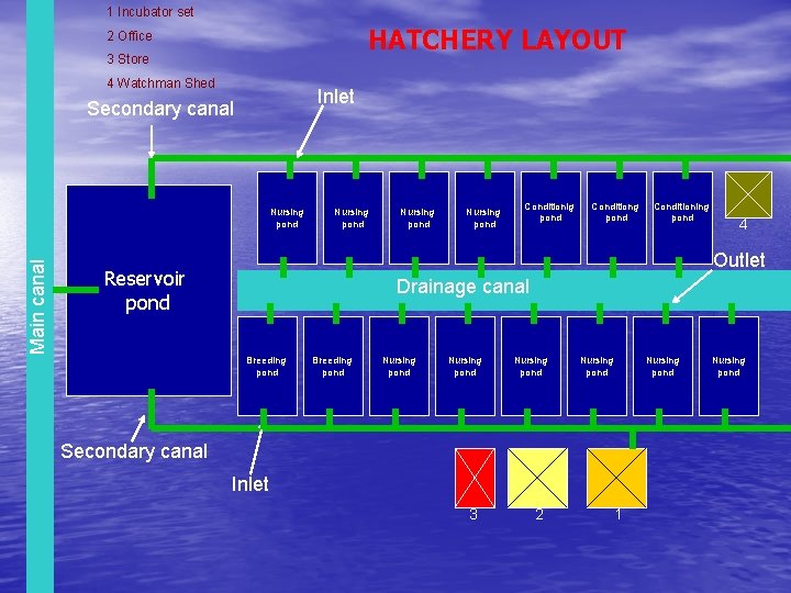 1 Incubator set HATCHERY LAYOUT 2 Office 3 Store 4 Watchman Shed Inlet Secondary