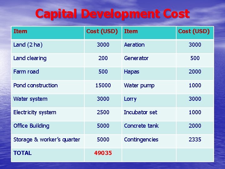 Capital Development Cost Item Cost (USD) Land (2 ha) 3000 Aeration 3000 Land clearing