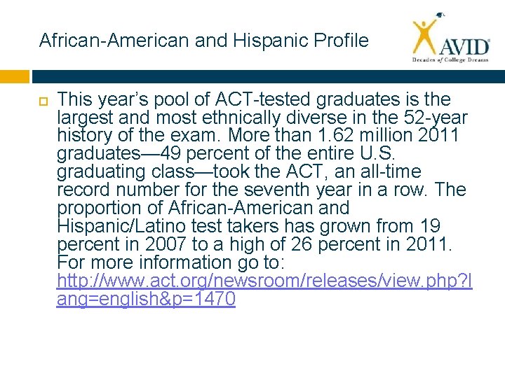 African-American and Hispanic Profile This year’s pool of ACT-tested graduates is the largest and