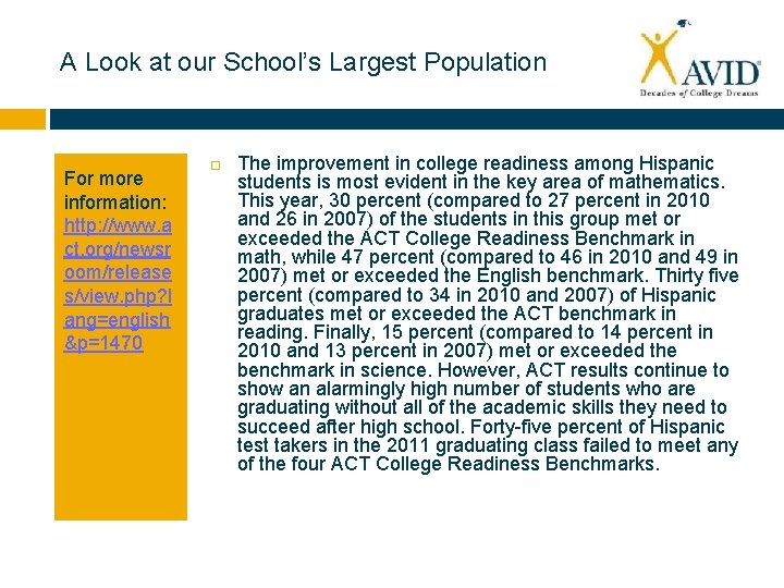 A Look at our School’s Largest Population For more information: http: //www. a ct.