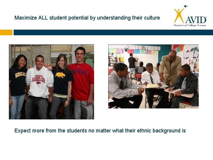 Maximize ALL student potential by understanding their culture Expect more from the students no
