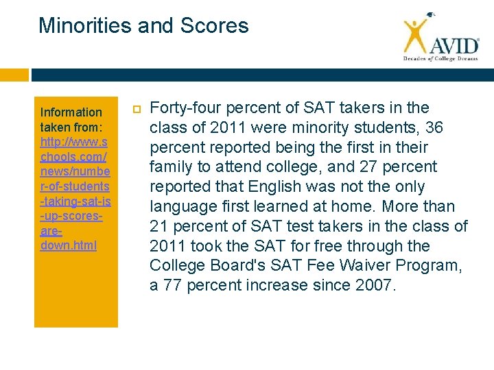 Minorities and Scores Information taken from: http: //www. s chools. com/ news/numbe r-of-students -taking-sat-is