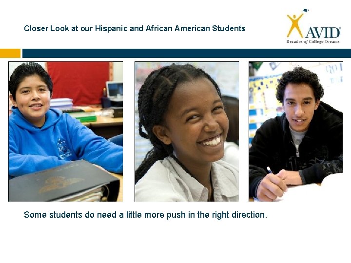 Closer Look at our Hispanic and African American Students Some students do need a