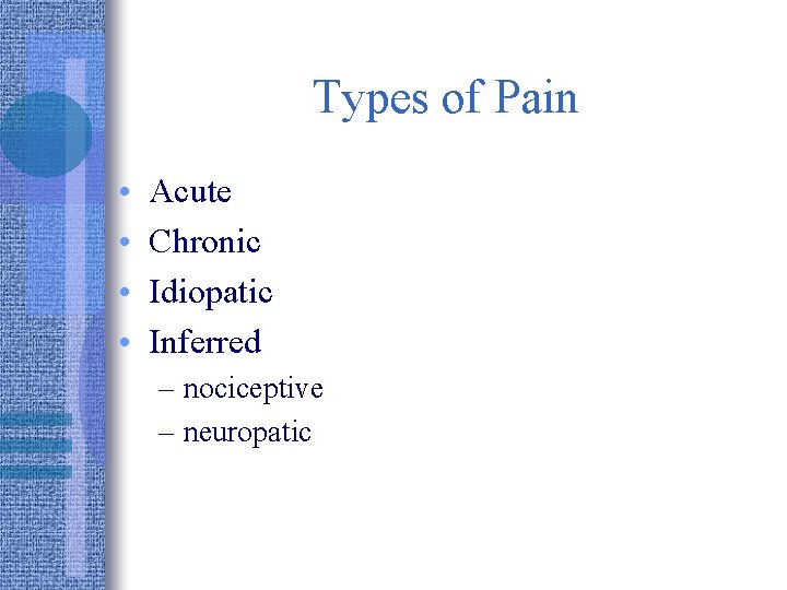 Types of Pain • • Acute Chronic Idiopatic Inferred – nociceptive – neuropatic 