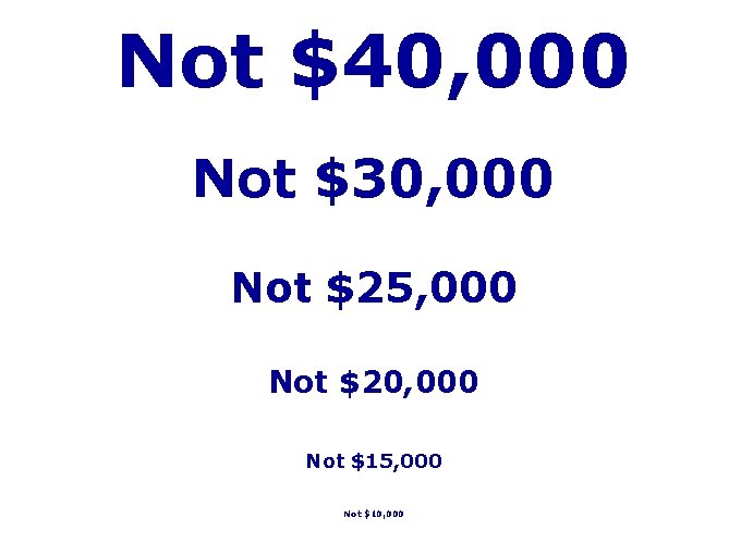 Not $40, 000 Not $30, 000 Not $25, 000 Not $20, 000 Not $15, Not $40, 000 Not $30, 000 Not $25, 000 Not $20, 000 Not $15,
