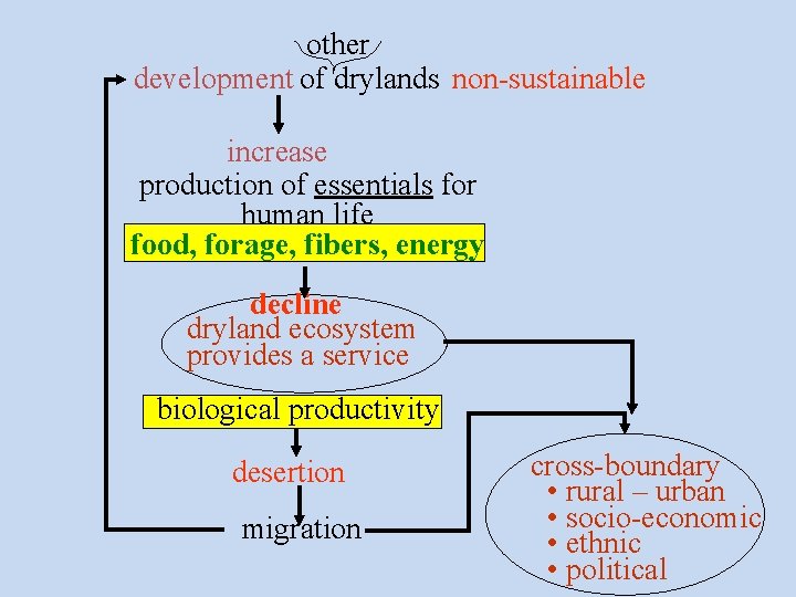 other development of drylands non-sustainable increase production of essentials for human life food, forage,