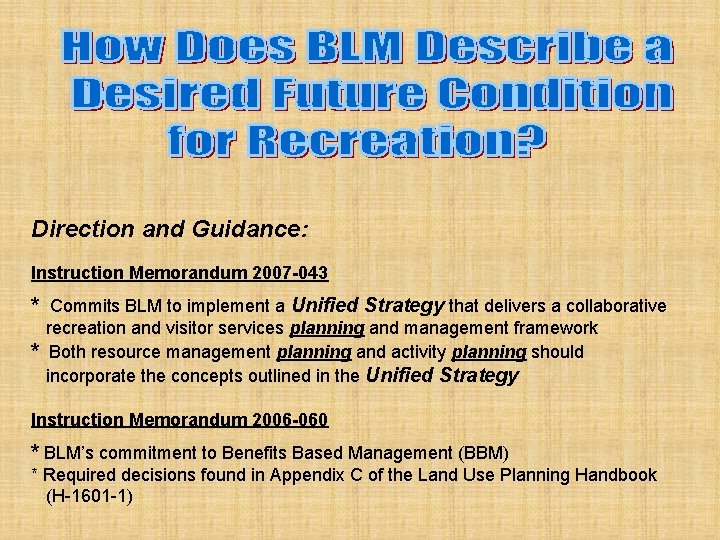 Direction and Guidance: Instruction Memorandum 2007 -043 * Commits BLM to implement a Unified