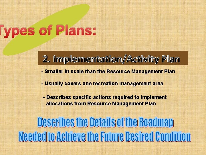 Types of Plans: 2. Implementation/Activity Plan - Smaller in scale than the Resource Management