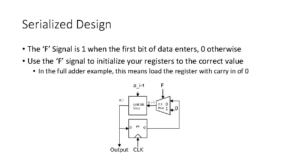 Serialized Design • The ‘F’ Signal is 1 when the first bit of data