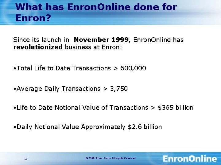 What has Enron. Online done for Enron? Since its launch in November 1999, Enron.